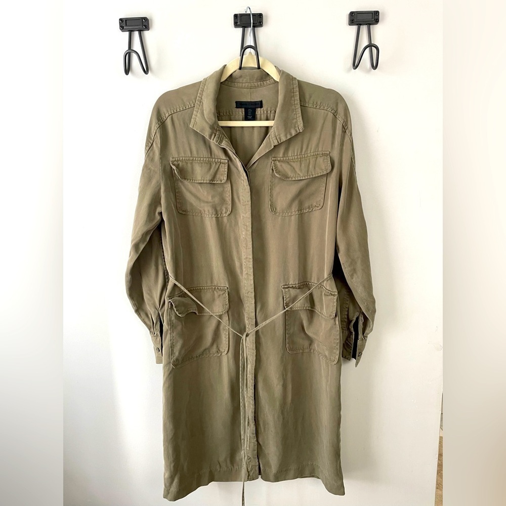 Maison Cinqcent, women's small, olive khaki shirt dress tie waist pockets mini